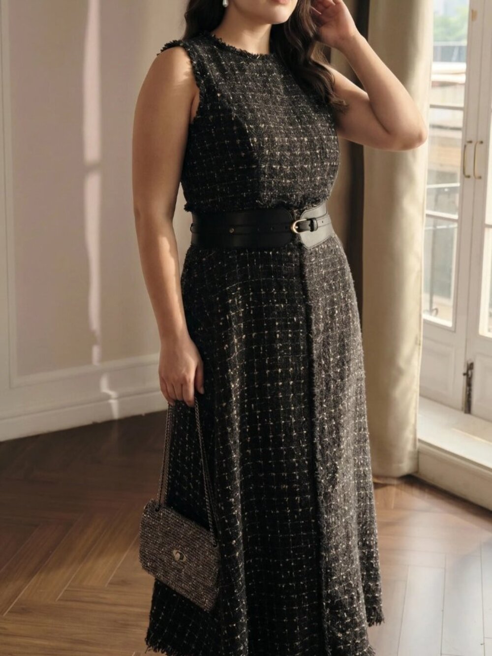 Dark Grey Elegant Women's Tweed Sleeveless Midi Dress - Picture 5 of 6